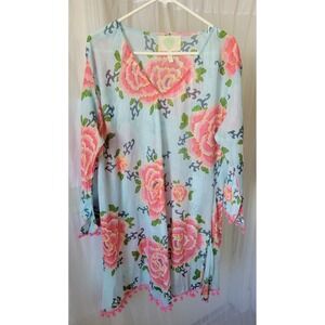 Anthropologie Z&L Europe Womens Sz L 100%  Cotton Floral Tunic Pom-Pom Boho